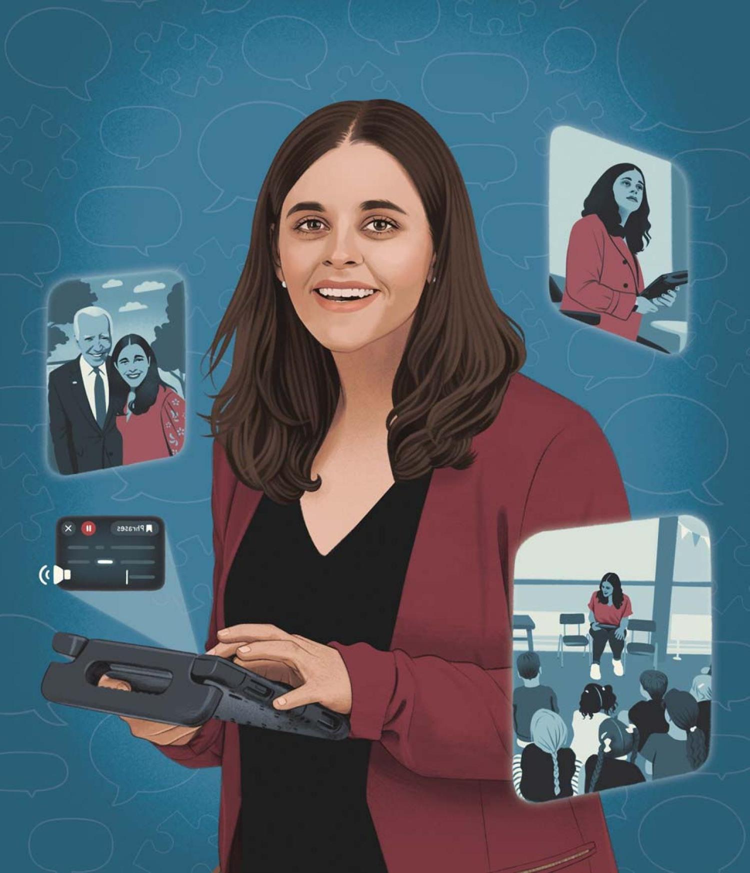 Illustration of Jordyn Zimmerman with vignettes of her advocacy work