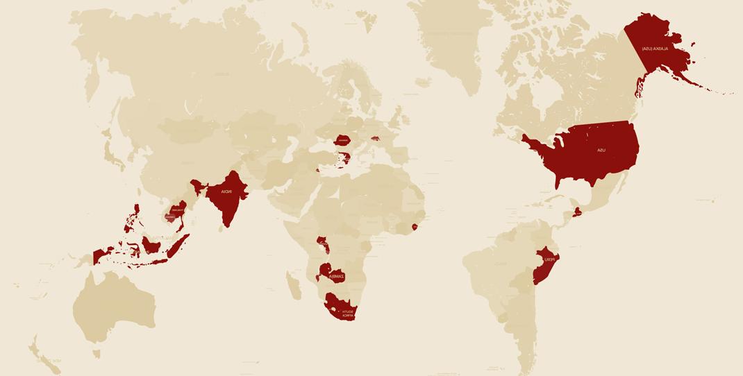 Map of continents marked by student work locations